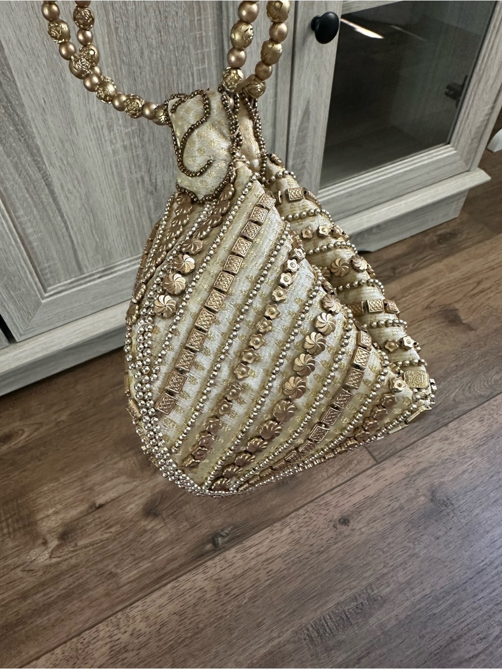 Handicraft Gold Beaded Potli Bag, Vintage Inspired Accents, Lotus Clutch, 11"x7" - Picture 2 of 15